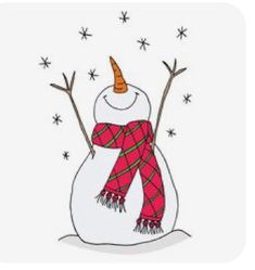 a snowman wearing a red scarf and hat with stars on the side, standing in front of a white background