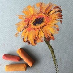 two crayons are next to a drawing of a yellow flower and orange petals