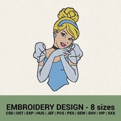 embroidery design - 8 sizes for women's clothing and accessories, includes an image of a woman wearing a blue dress