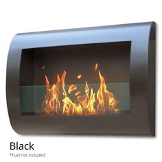 a black wall mounted fire place with flames burning in the center and on the sides