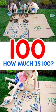 two children playing with rocks on the ground in front of a yard and text overlay reads, 100 how much is 100?