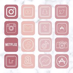 the icons are arranged in pink and white on a marble background, including an instagramr