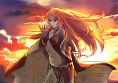 a woman with long red hair standing in front of a sunset