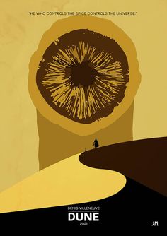 a movie poster for dune with a man standing in front of an orange eyeball