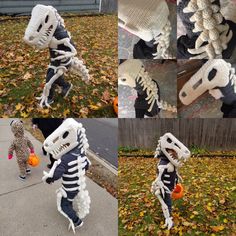 two photos of children in skeleton costumes walking down the street with their stuffed animals and pumpkins