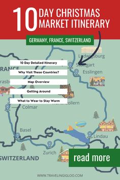 a map that shows the locations of christmas markets in germany, germany and germany with text reading 10 day christmas market itinerary