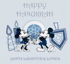 two mickey mouses holding hands in front of a happy hanukrah card