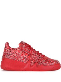 red silk/leather bandana print logo patch to the side tonal logo plaque round toe front lace-up fastening flat rubber sole Red Bandana Shoes, Nike Shoes Women Fashion, Zanotti Sneakers, Giuseppe Zanotti Sneakers, Red Jordans, Shoes Sneakers Jordans, Shoes Outfit Fashion, Nike Shoes Jordans, Giuseppe Zanotti Shoes