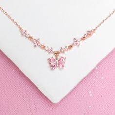 Pink Wedding Necklace, Aesthetic Pink Accessories, Cute Pink Necklaces, Pink Butterfly Jewelry, Pink And Silver Necklace, Cute Pink Necklace, Pink Butterfly Necklace, Pink And Gold Necklace