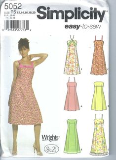 Uncut Simplicity sewing patten 5052 Strappy & Strapless Sun Dress  Sizes 12 to 20   FF Uncut and in Factory Folded. Summer Dress Patterns Free, Petite Summer Dresses, 70s Vogue, Sundress Sewing Patterns, Summer Dress Sewing Patterns, Simple Summer Dresses, Summer Dress Patterns, Dress Patterns Free, Miss Dress