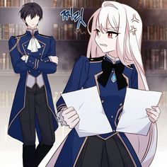 two anime characters standing next to each other in front of bookshelves and holding papers