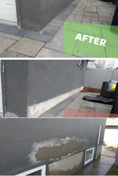 before and after photos of a house's exterior with cement being applied on the outside