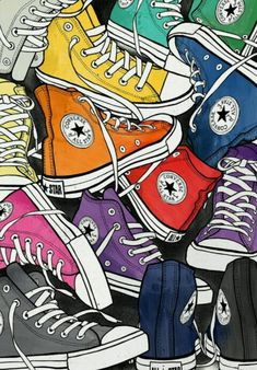 a drawing of colorful converse shoes on top of each other, all in different colors