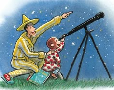 a drawing of a man looking at the stars with a boy pointing to a telescope