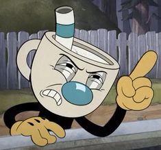 an animated image of a cup with a nose pointing to the side and holding a finger up