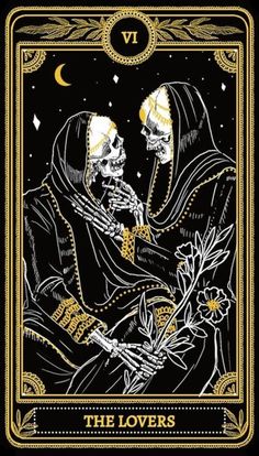 the lovers tarot card with two skeletons holding each other's hands, in gold and black