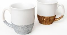 two coffee mugs with glitter on them and the words how to make dishwasher safe glitter mugs