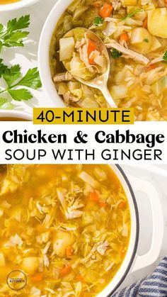 chicken and cabbage soup with ginger is shown in two bowls, one has a spoon