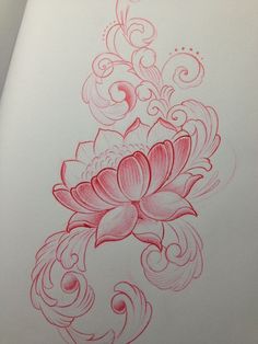 a drawing of a pink flower with swirls and curls on it's side