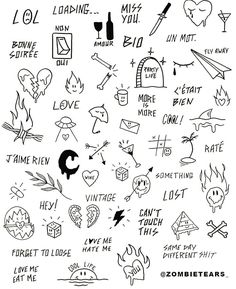 some black and white drawings with different things on them, including words that say i love you