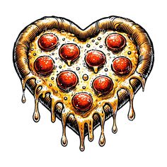 a heart shaped pizza with pepperoni on it's crust and sauce dripping down the side