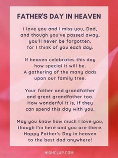 a card with the words father's day in heaven on it and a pink background