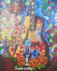 a painting of a guitar, candle and roses on a colorful background with the words amuradh written below it