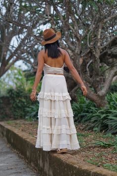 "Boho Maxi Full Circle Wedding Skirt Tiered full circle long skirt made from unbleached and undyed raw cotton in off-white color. Sizing: Made in one size to fit S to L / US: 4/6/8/10/12 Measurement; Elastic waist 24-40\" Hip max 50\" Length 41\" Bottom hem circumference 100\" **Model is a size US 6. 33\" bust, 36\" hip. 165 cm tall** Description: Stunningly beautiful maxi full circle skirt made from raw cotton material. Lined with the same fabric to knee level (not see-through). Full elastic wa White Boho Skirt, Long Ruffle Skirt, Long White Skirt, Long Cotton Skirt, Maxi Skirt White, Bohemian Maxi Skirt, Boho Maxi Skirt, Maxi Skirts Summer, White Long Skirt