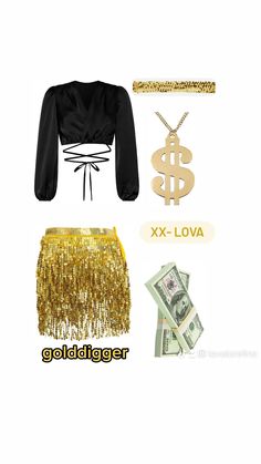 Golddigger costume gold carnaval halloween money Golddigger Costume, Carnaval Inspo, Year 2024, Costume Ideas, Halloween, Gold