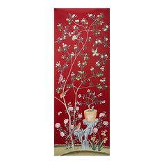 a red wall with flowers and birds on it