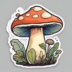 a sticker with an image of a mushroom on it's side and leaves around it