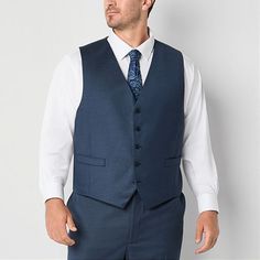 Ideal for wearing over a collared shirt or tee, this suit vest from Shaquille O'Neal's XLG men's big and tall collection is tailored from soft woven fabric with stretch for added comfort. It has a button-front closure, side welt pockets, a satin-like back design, and an adjustable d-ring back closure for your perfect fit.Front Style: Single BreastedFeatures: Stretch FabricClosure Type: ButtonFit: Regular FitPockets: 2 Front Slip PocketsSleeve Length: Long SleeveFiber Content: 75% Polyester, 22% Formal Blue Tops With Pockets, Blue Tops With Pockets For Business, Blue Business Vest With Pockets, Outfit With Vest, Bartender Outfit, Mens Suit Vest, Homecoming Outfits, Shaquille O'neal, Groom Suit