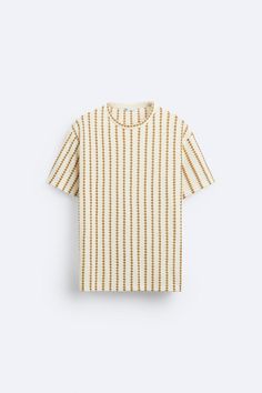 TEXTURED STRIPED T-SHIRT - Ecru/Yellow | ZARA United States Beige Graphic Tee For Summer, Retro Beige Crew Neck Top, Retro Cream Short Sleeve T-shirt, Retro Beige Short Sleeve T-shirt, Retro Beige Crew Neck T-shirt, Beige Retro Crew Neck T-shirt, Cream Crew Neck T-shirt For Spring, Cream Short Sleeve T-shirt For Summer, Mustard Short Sleeve T-shirt With Graphic Print