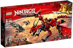 the lego ninja set is red and has two swords in its hand, with one arm outstretched