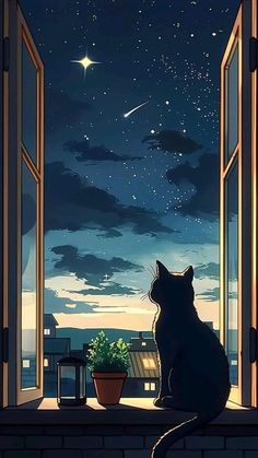 a cat sitting on a window sill looking out at the night sky