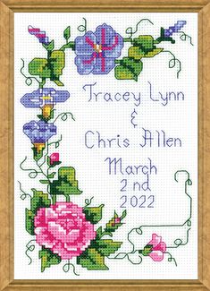 a cross stitched frame with flowers and the words tracey lynn and christ allen march 2nd