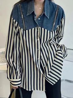 Fabric Cotton has some stretch Casual Striped Shirt With Patchwork, Striped Cotton Shirt With Graphic Print, Blue Cotton Shirt With Contrast Stripes, Vintage Striped Cotton Shirt, Oversized Cotton Patchwork Shirt, Saree Blouse Designs Latest, Denim Patches, Blouse Designs Latest, Saree Blouse Designs