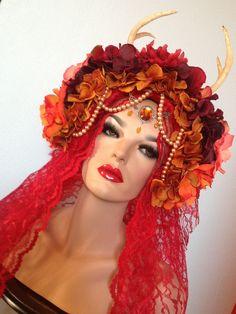 Day of the dead floral bridal Fantasy headdress headpiece wig antlers orange red fall autumn.  via Etsy.