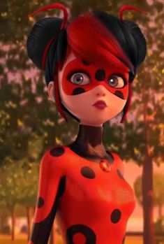 an animated lady bug with red hair and black spots on her face, standing in front of trees