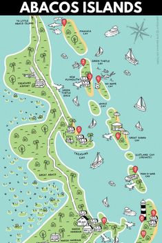 an illustrated map of abacos islands, with the location of several small boats in the water