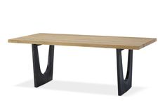 a wooden table with black metal legs