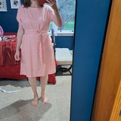 I Had This Linen Tunic Dress Made From Dress Me Linen. I Am 5' 9.5" Tall, 170 Lbs. You Can See How It Fits Me In The Pics. It Is Large/Xl Or Probably About A Size 12. You Can See Measurements In The Pics. This Dress Is Very Loose And Forgiving And Would Fit A Lot Of People. The Tie Belt Makes It Look More Flattering Imo. The Dress Is Listed As "Blush". The Pics Of It Hanging On The White Door Look Closest To The Real Color. It Is A Really Well Made Beautiful Tunic Dress With A Belt. The Back Has Dress With A Belt, 170 Lbs, Linen Tunic Dress, Dress Peach, White Door, From Dress, Peach Blush, White Doors, Linen Tunic