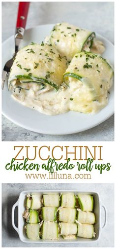 zucchini chicken alfredo roll ups in a casserole dish