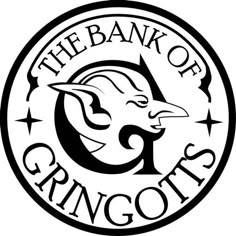 the bank of gringots logo in black and white, with stars around it