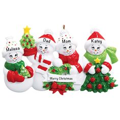 three snowmen with christmas trees and presents on their hands, one is holding a sign that says merry christmas