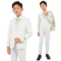 a young boy in a white suit and tie standing next to each other with his hands on his chin