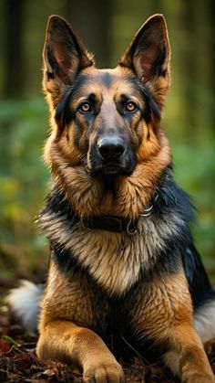 a german shepherd dog sitting in the woods looking at the camera with an alert look on his face