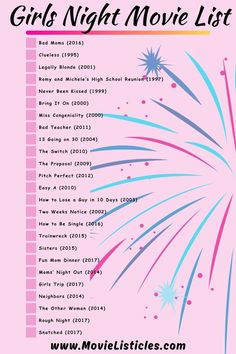 a pink poster with the words girls'night movie list written in blue and pink