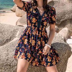 Foral V-Neck Flounce Sleeve Ruffle Hem Dress Floral clothes H.R.Z Ship From Overseas Casual V-neck Floral Dress With Ruffle Hem, Bohemian Floral Print Mini V-neck Dress, Ruffle Hem Dress, Flounce Sleeve, Hem Dress, Basic Style, Ruffle Hem, Sleeve Length, V Neck