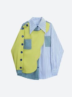 Buttoned Sleeved Patchwork Shirt - Litlookz Studio Striped Long Sleeve Shirt With Button Cuffs, Spring Patchwork Button-up Shirt, Trendy Button-up Patchwork Tops, Trendy Patchwork Button-up Top, Striped Shirt With Button Cuffs For Fall, Green Patchwork Button-up Shirt, Striped Cotton Blouse With Button Cuffs, Green Patchwork Shirt For Spring, Green Patchwork Tops For Workwear